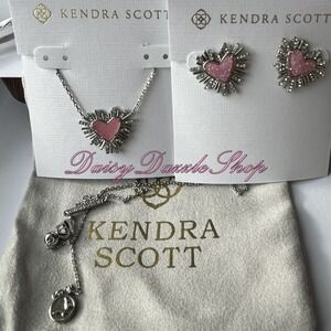 Kendra Scott x Dolly Parton Ari Heart Necklace w/ Earrings Set Silver Pink Drusy